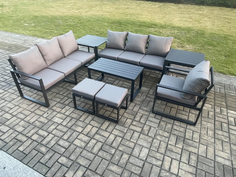 Image of Fimous Aluminium 9 Seater Garden Furniture Outdoor Patio Sofa Set with Rectangular Coffee Table Armchair 2 Small Footstool 2 Side Tables in Dark Grey