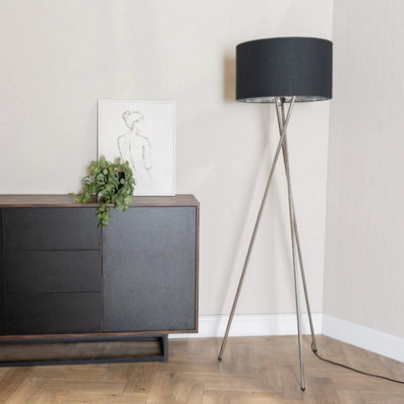 Image of ValueLights ValueLights Camden Chrome Tripod Floor Lamp with Metallic Chrome Inner Drum Shade in Black One Size Unisex 5059406060854