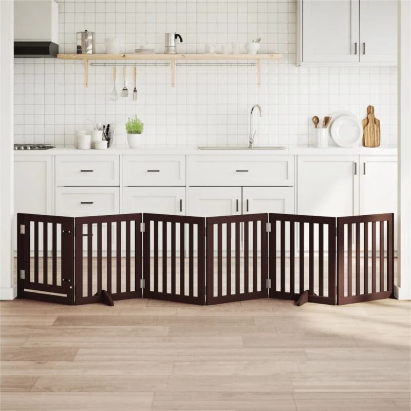 Image of vidaXL Dog Gate with Door Foldable 6 Panels Brown 300cm Poplar Wood, Brown 352261