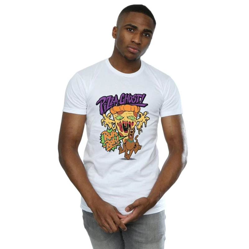 Image of Scooby Doo Scooby Doo Men Pizza Ghost Cotton T-Shirt in White Size: Small White S Male 5063377542141