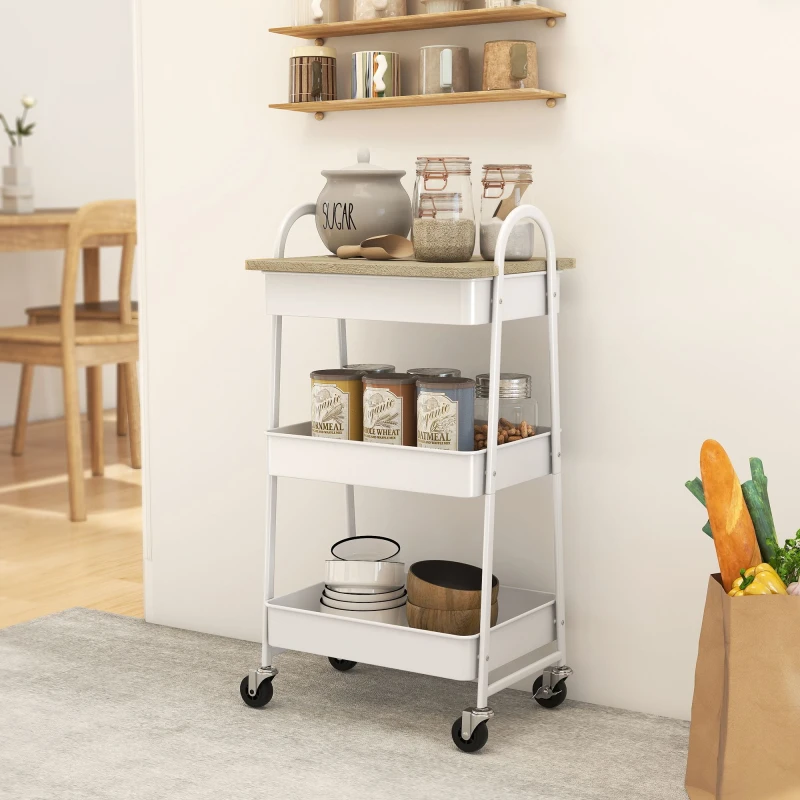 Image of HOMCOM HOMCOM 3-Tier Storage Trolley on Wheels with Cover Top Board Mesh Baskets in Light Oak Light Oak One Size Unisex 5063603664739