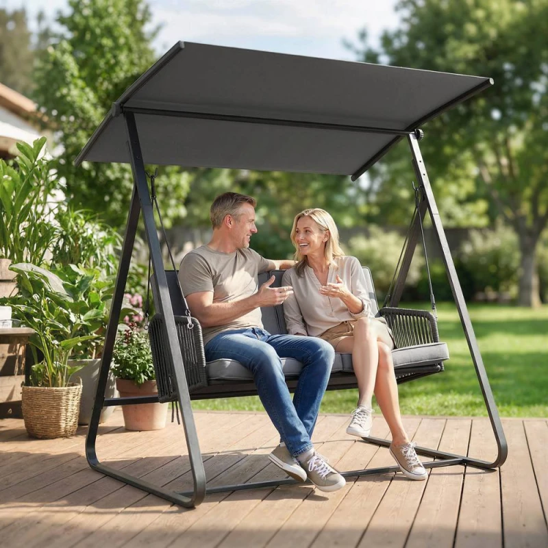 Image of OUTSUNNY 2-Seater Rattan Swing Chair, Outdoor Garden Hanging Swing Seat in Dark Grey Dark Grey Unisex