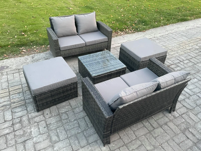 Image of Fimous Rattan Garden Furniture Set 5 piece Patio Rattan Furniture Sofa Weaving Wicker includes 2 Double Seat Sofa, Coffee Table & 2 Big Footstool Dark