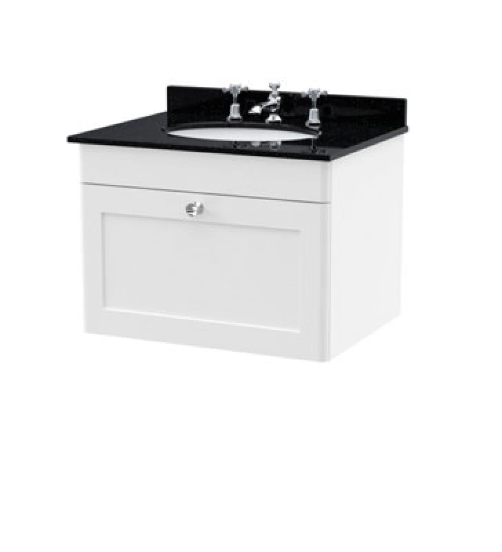 Image of Nuie Classique Wall Hung 1 Drawer Vanity Unit & 3 Tap Hole Black Marble Top With Oval Basin, Sink Vanity Unit In Satin White With