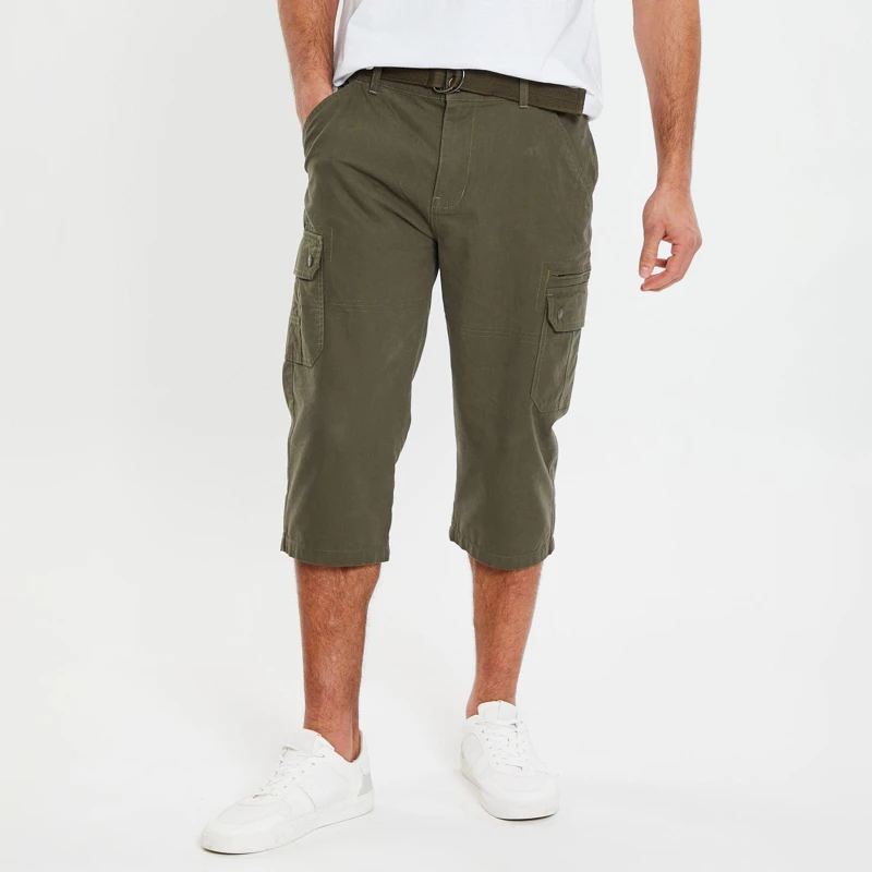 Image of Threadbare 'Panel' 3/4 Length Belted Cargo Trousers Khaki