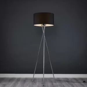 Image of Camden Brushed Chrome Tripod Floor Lamp with XL Black Reni Shade