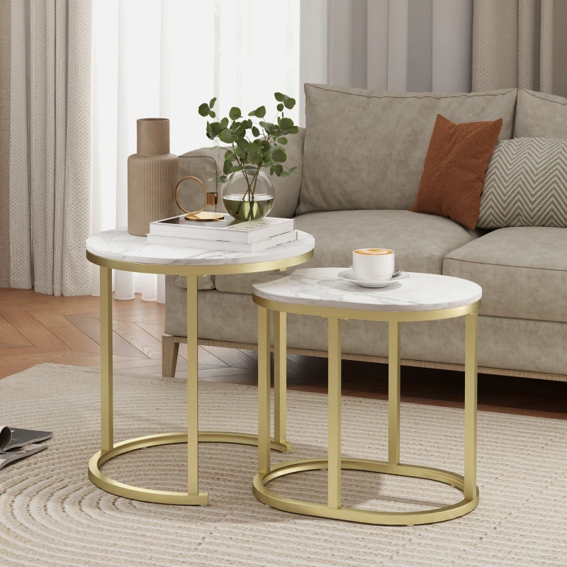 Image of HOMCOM 2 Pcs Coffee Table with Faux Marble Side Accent Tables White 839-374V80GD