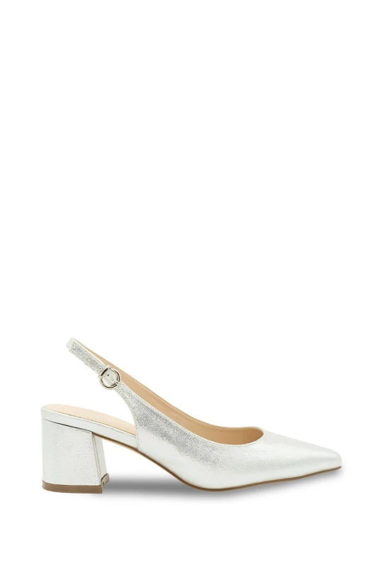 Image of Paradox London Womens Wide Fit 'Flynn' Mid Block Heel Sling Back Court Shoes in Silver Size: 6 Silver Female 6