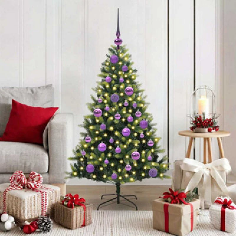 Image of vidaXL Artificial Hinged Christmas Tree 150 LEDs, Lilac Balls Green 120 cm, Green 3395979