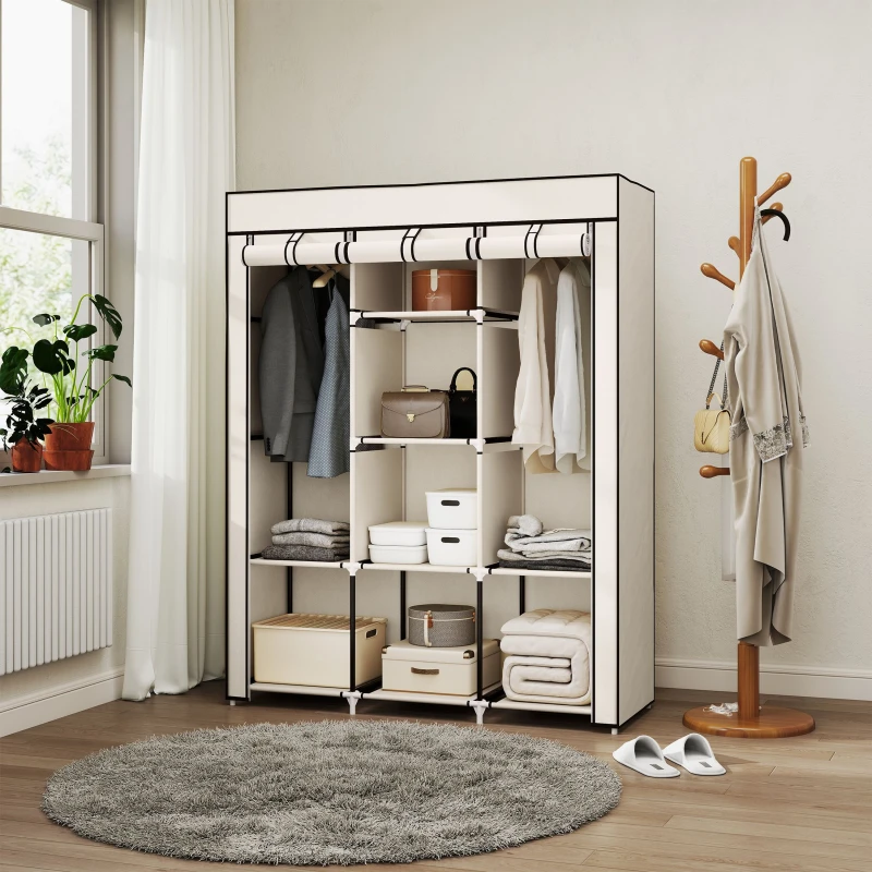 Image of HOMCOM HOMCOM Fabric Wardrobe Portable Clothes Cabinet with 2 Hanging Rails in Off White Off White One Size Unisex 5063603020191