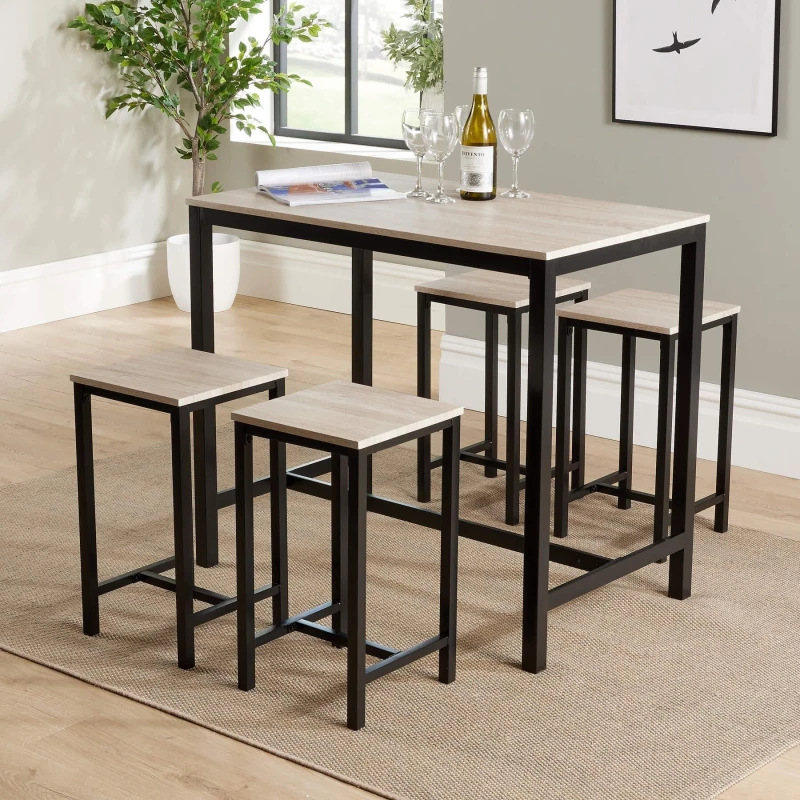 Image of Home Source Nicosia Light Oak Dining Table And Bar Stool Set