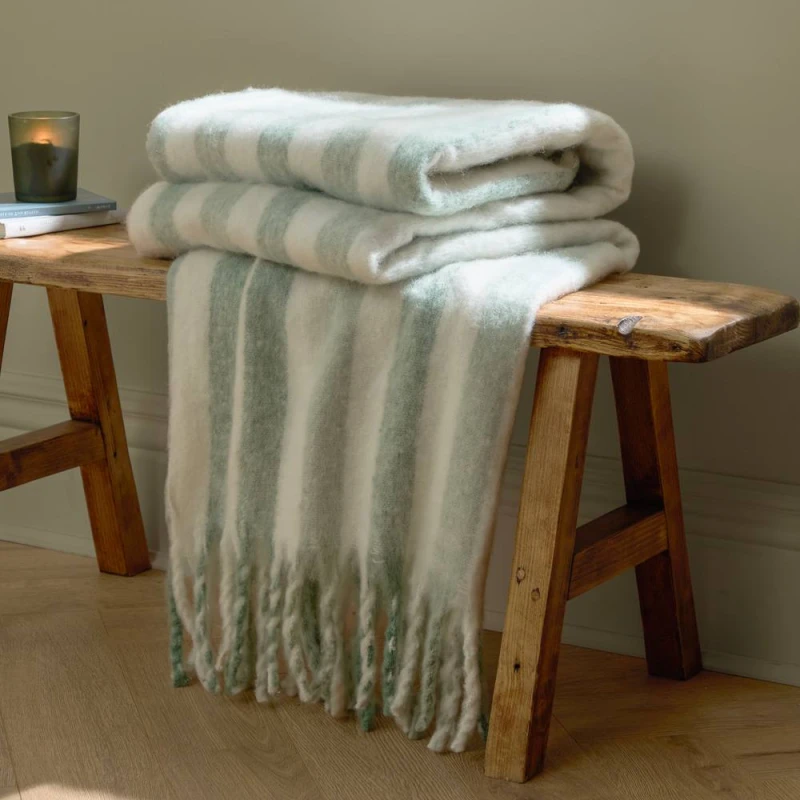 Image of Wylder Beechwood 100% Cotton Woven Stripe Throw in Green Size: 140cm x 180cm Green Unisex 140cm x 180 cm