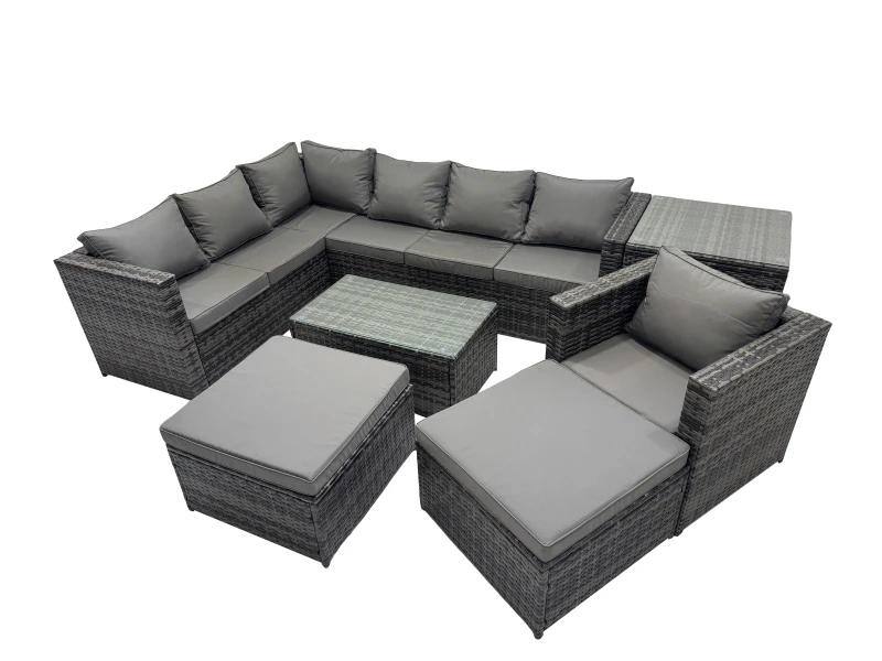 Image of Fimous Outdoor Rattan Garden Furniture Set with 2 Big Stools Side Table in Dark Grey Dark Grey Unisex