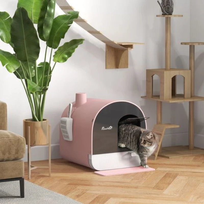 Image of PawHut Cat Litter Box Kitten Litter Tray w/Hood, Scoop, Filter, Flap Door Pink - Pawhut 5056725535261