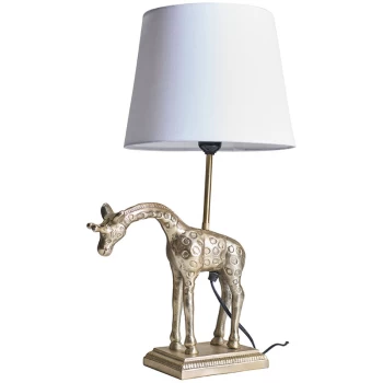 Image of Antique Brass Giraffe Table Lamp with Tapered Lampshade - White