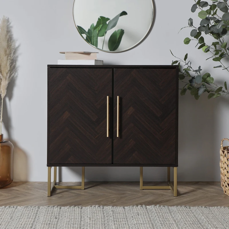 Image of Spinningfield Clarence Chevron Parquet Design 2 Door Dark Wood Sideboard Unit Dark Brown