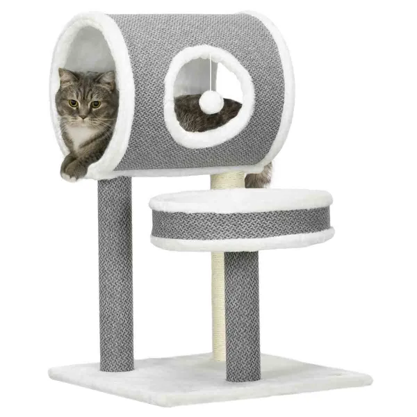Image of PawHut Cat Tower w/ Scratching Post, Toy Ball - White