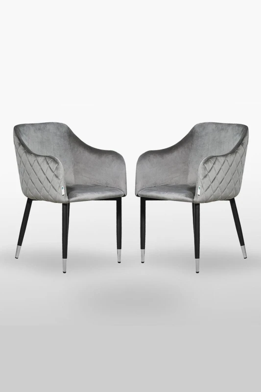 Image of Life Interiors Life Interiors Set of 2 Verona Velvet Dining Chairs with Quilted Back & Black Legs - Modern Accent Chair with Silver Foot Caps in Grey