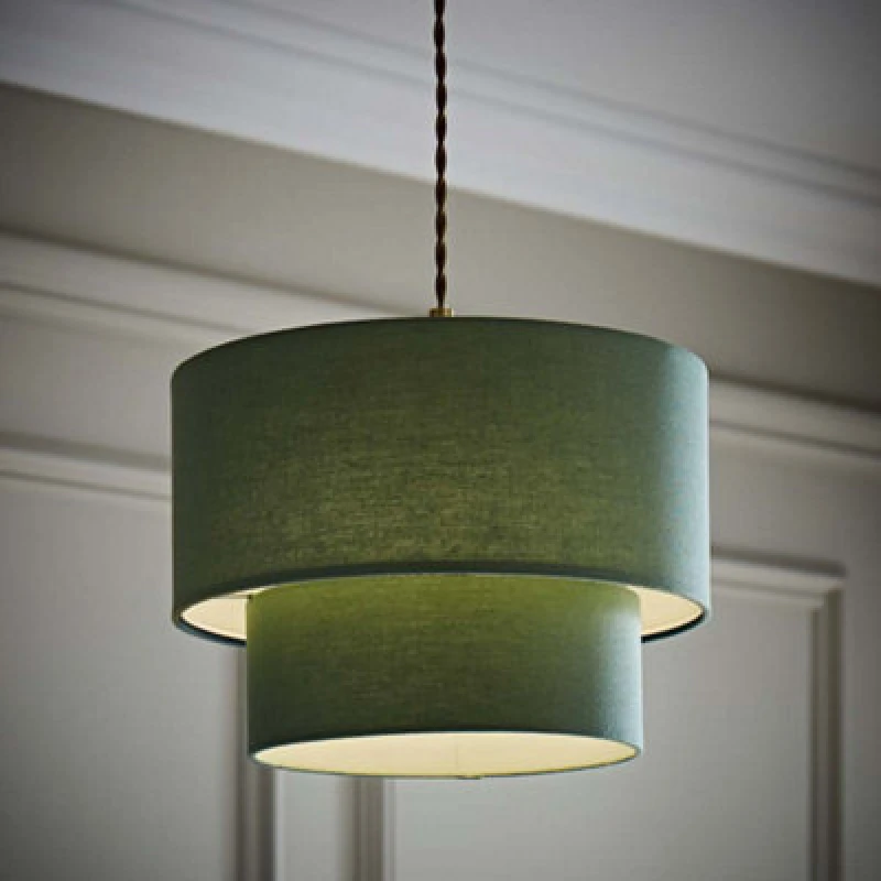 Image of ValueLights ValueLights Jodie Linen Two Tier Easy Fit Drum Ceiling Light Lamp Shade with Bulb in Pale Green Pale Green One Size Unisex 5059406069802