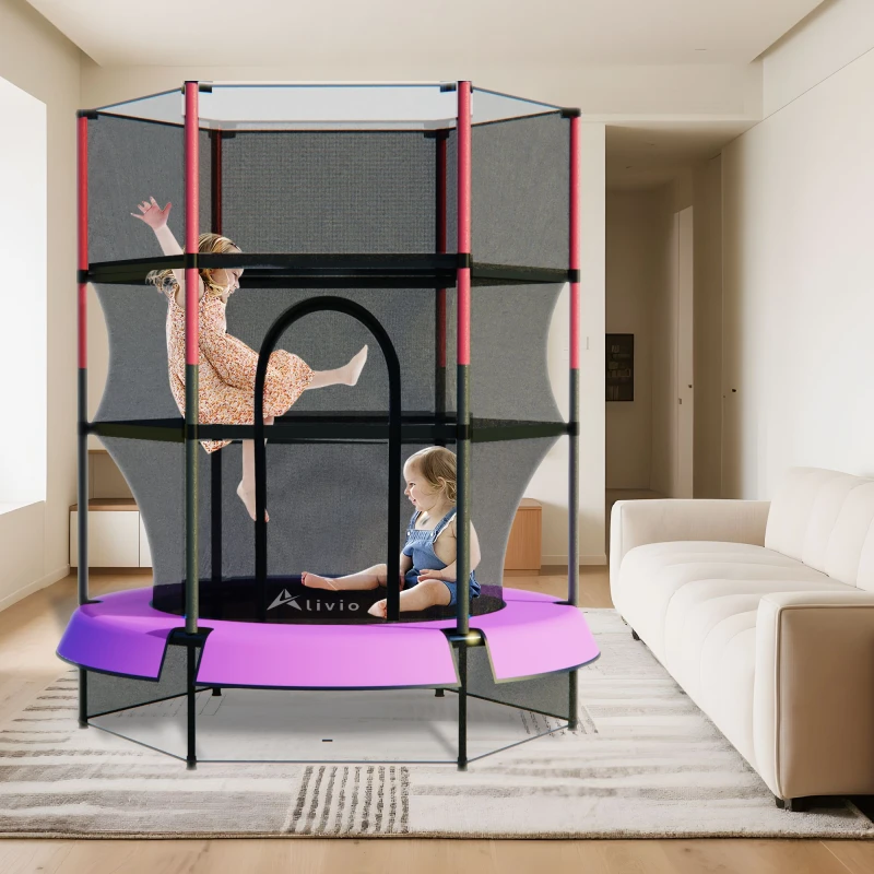 Image of Alivio Kids Trampoline with Safety Enclosure Net - Indoor Outdoor Jumping Fun Hexagonal Design with Padded Poles (Red) in Pink Pink Unisex