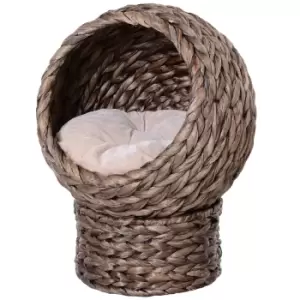 Image of Pawhut Woven Banana Leaf Elevated Cat Bed House Basket Soft Cushion Dome Basket 42x33x52cm Dark Brown (base) & Beige (cushion)