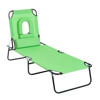 Image of Outsunny Sun Lounger Foldable Reclining Chair with Pillow and Reading Hole Garden Beach Outdoor Recliner Adjustable Green AOSOM UK