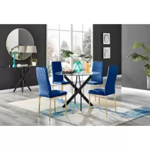 Image of Furniture Box Novara Black Leg Round Glass Dining Table and 4 Navy Velvet Milan Gold Leg Chairs