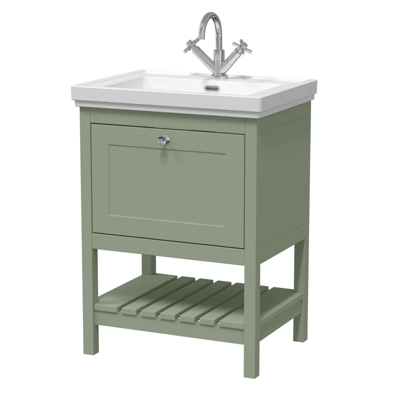 Image of Balterley Floor Standing 1 Drawer Vanity 1 Tap Hole Fireclay Basin Green 600mm Green