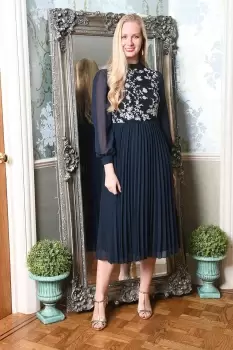 Image of Navy Long Sleeve Embroidered Midi Dress With Pleats