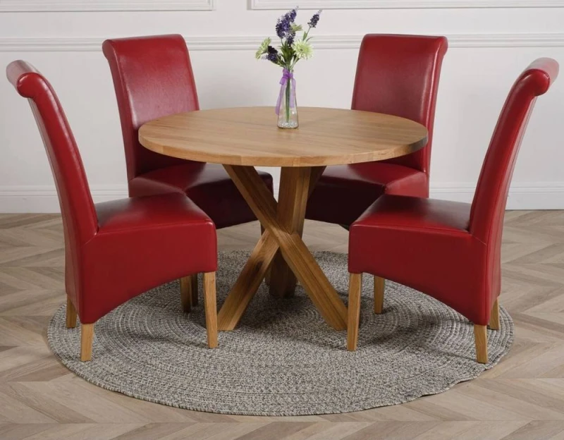 Image of Thats Furniture Oregon Round Oak Dining Table & 4 Montana Leather Chairs in Red Red Unisex