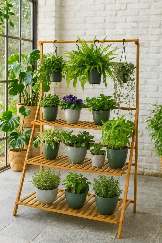 Image of Neo 3-Tier Indoor & Outdoor Foldable Bamboo Plant Stand with Hanging Hook in Light Oak Light Oak Unisex