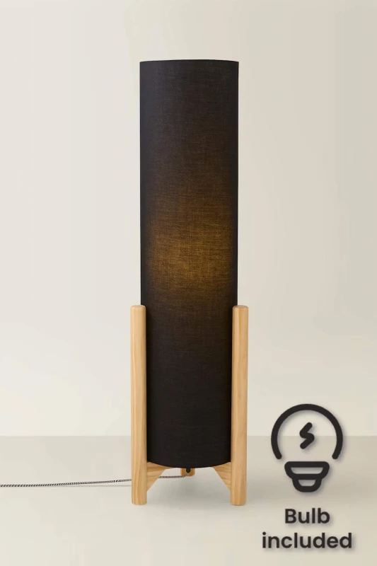 Image of ValueLights Henry Wooden Base Midi Floor Lamp with Tall Fabric Shade with LED Bulb Charcoal