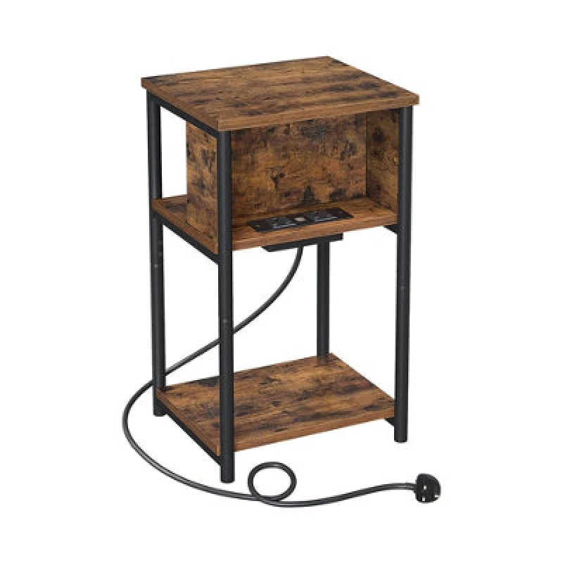 Image of Alivio Slim Side Table With Charging Station, Bedside Table With 2 Ac Outlets - Brown