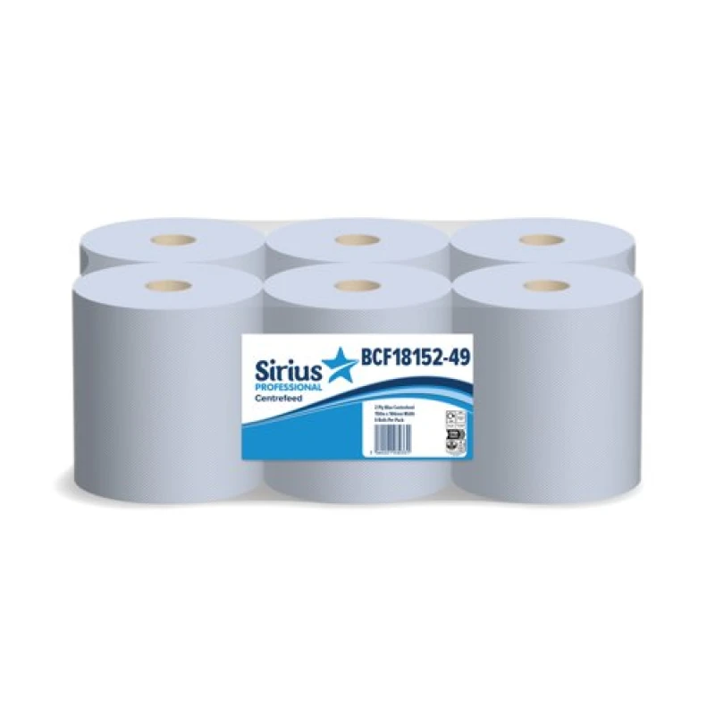 Image of Sirius Sirius 2-Ply Centrefeed Rolls 166mmx150M Blue Pack of 6 BCF18152-49 BCF18152-49