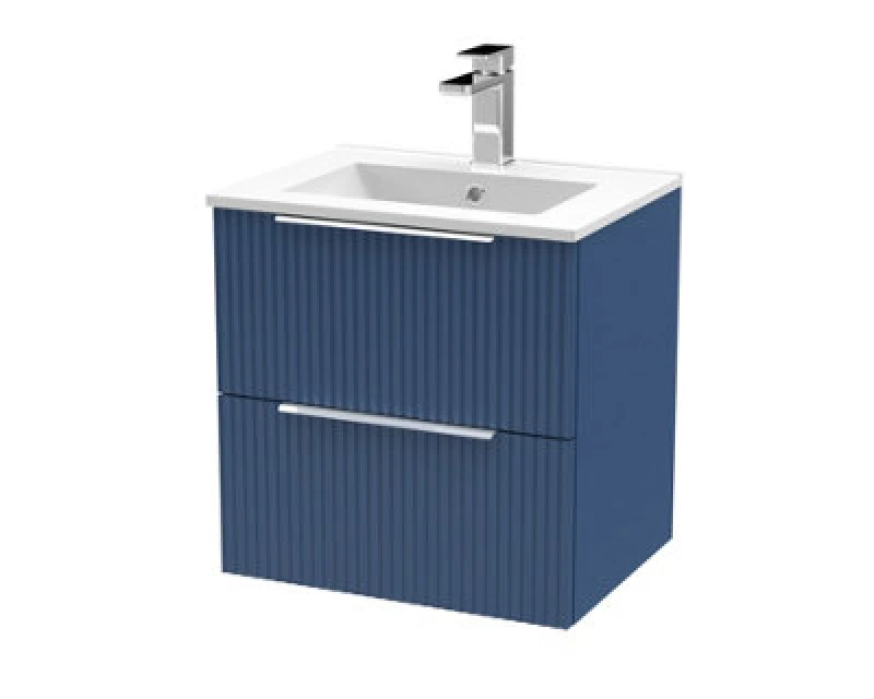 Image of Hudson Reed Fluted Wall Hung 2-Drawer Vanity And Minimalist Basin, Contemporary Sink Vanity Unit, Satin Blue