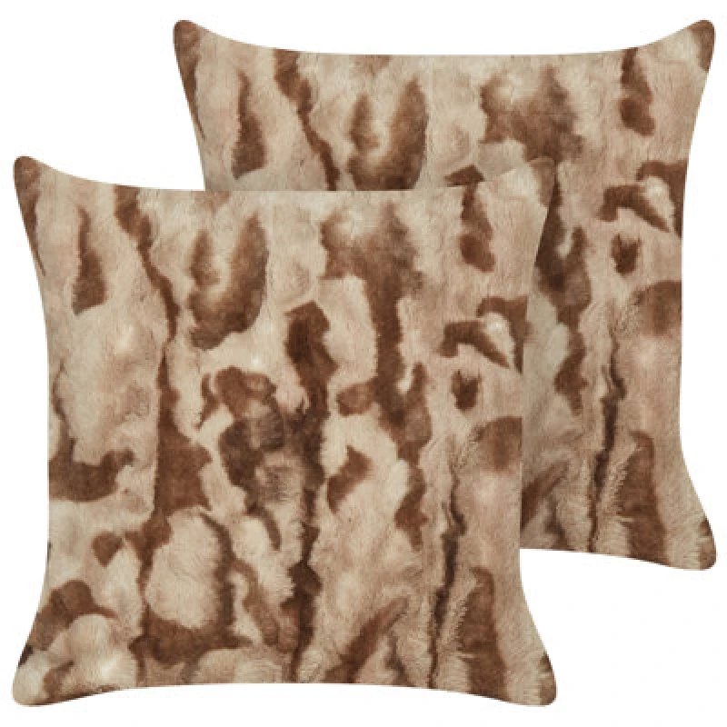 Image of Beliani Set Of 2 Decorative Cushions Bakira Faux Fur 45 X 45cm Brown Abstract Pattern