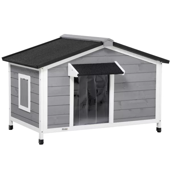 Image of PawHut Large Wooden Dog Kennel Elevated Dog Kennels for Outside, w/ Openable Top, Asphalt Roof, Removable Tray, Adjustable Leg, Grey