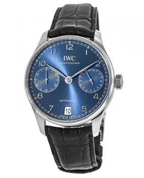Image of IWC Portugieser Automatic 7 Day Power Reserve Blue Dial Leather Strap Mens Watch IW500710 IW500710