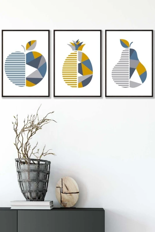Image of ARTZE Geometric Fruit Apple Blue Yellow Framed Wall Art - Medium in Black Size: W45cm x H62cm x D20mm Black Unisex W45cm x H62cm x D20mm