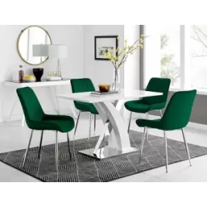 Image of Atlanta 4 White Dining Table and 4 Green Pesaro Silver Leg Chairs - Green