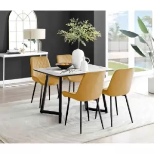 Image of Furniture Box Carson White Marble Effect Dining Table and 4 Mustard Pesaro Black Leg Chairs