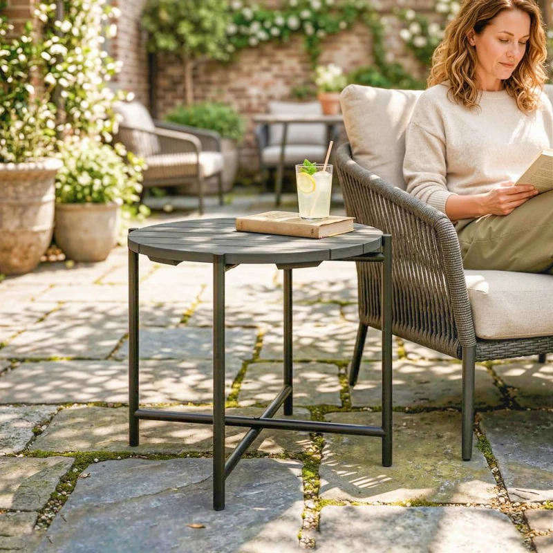 Image of OUTSUNNY 54cm Round Garden Table, Slatted Wood Top Outdoor Table, Dark Grey Dark Grey Unisex