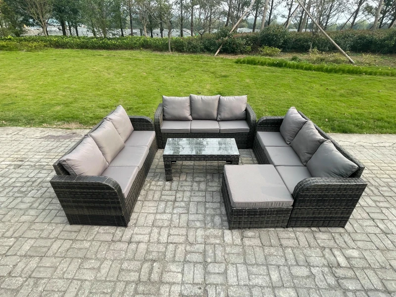 Image of Fimous Outdoor Lounge Sofa Set 10 Seater Rattan Garden Furniture Set with Rectangular Coffee Table Big Footstool 3 Seater Sofa Dark Grey Mixed Dark Gr