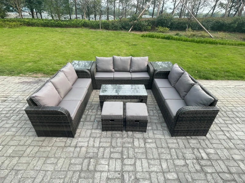 Image of Fimous Rattan Garden Furniture Set 11 Seater Indoor Outdoor Patio Sofa Set with Coffee Table 2 Small Footstools 2 Side Tables Dark Grey Mixed Dark Gre