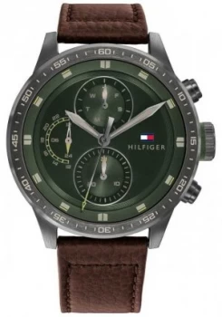 Image of Tommy Hilfiger Mens Trent Brown Leather Strap Green Watch
