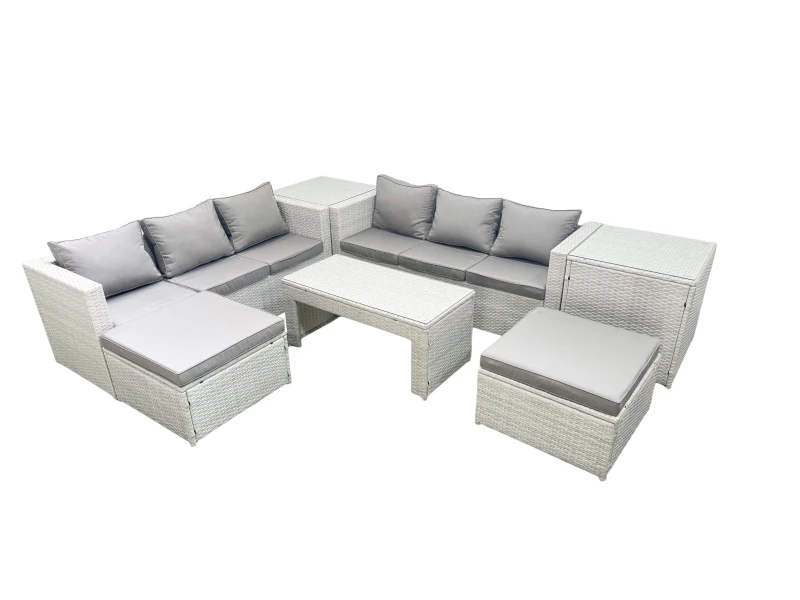 Image of Fimous 8 Seater Garden Outdoor Rattan Furniture Set Rattan Garden Sofa Oblong Coffee Table with 2 Big Footstools 2 Side Tables Light Grey Mixed Light