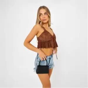 Image of Missguided Plisse Tie Front Ruffle Hem Crop Top - Brown