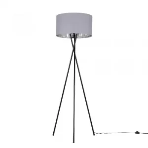 Image of Camden Black Tripod Floor Lamp with XL Grey and Chrome Reni Shade