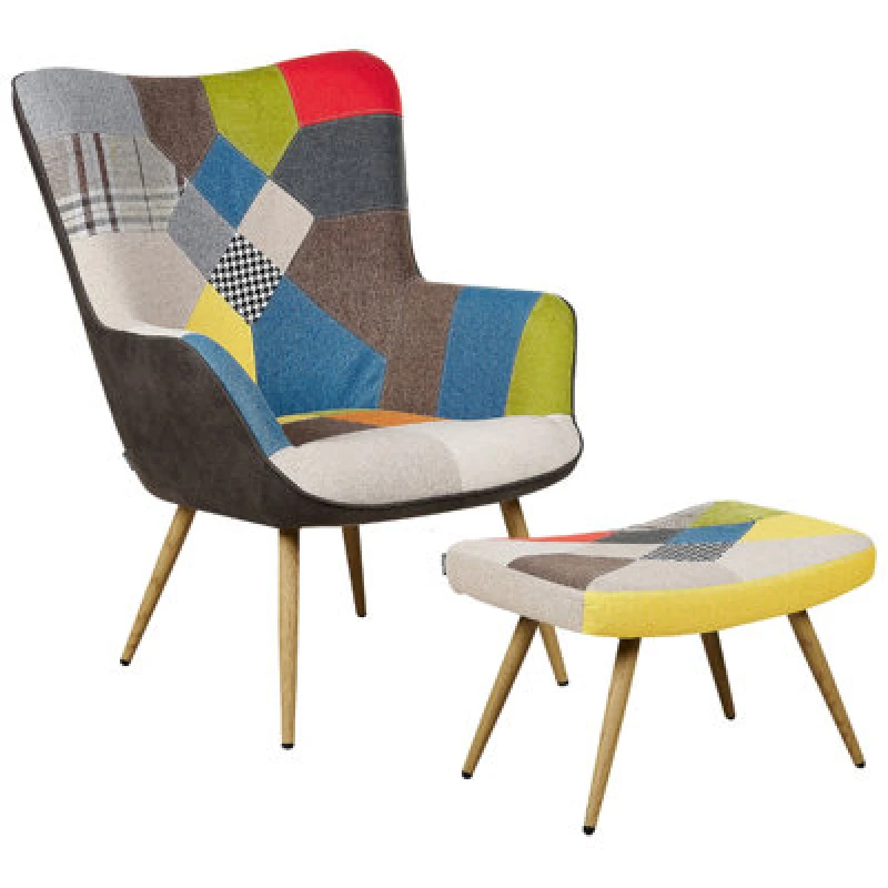 Image of Beliani Wingback Chair With Footstool Patchwork Multicolour Vejle Ii