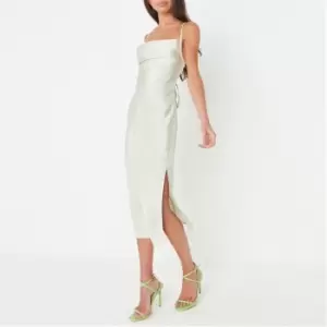 Image of Missguided Petite Hammered Satin Cowl Neck Cross Back Midaxi Dress - Green